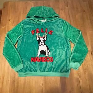 Feliz Navidog Green Fleece Christmas Sweatshirt Hoodie Sz M Frenchie Holiday